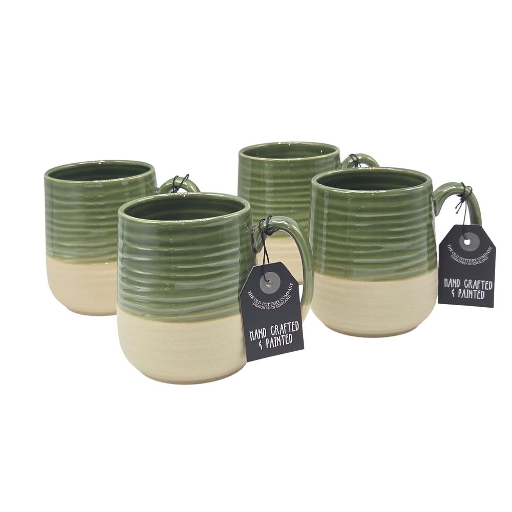 The Old Pottery Stoneware Coffee Mugs Set of 4 Handmade Ribbed Green Cream 16oz